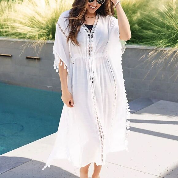 OLIA 100% Cotton Tassel Kimono Cover Up Robe White Sz M Coastal Beach Vacation - Picture 1 of 8